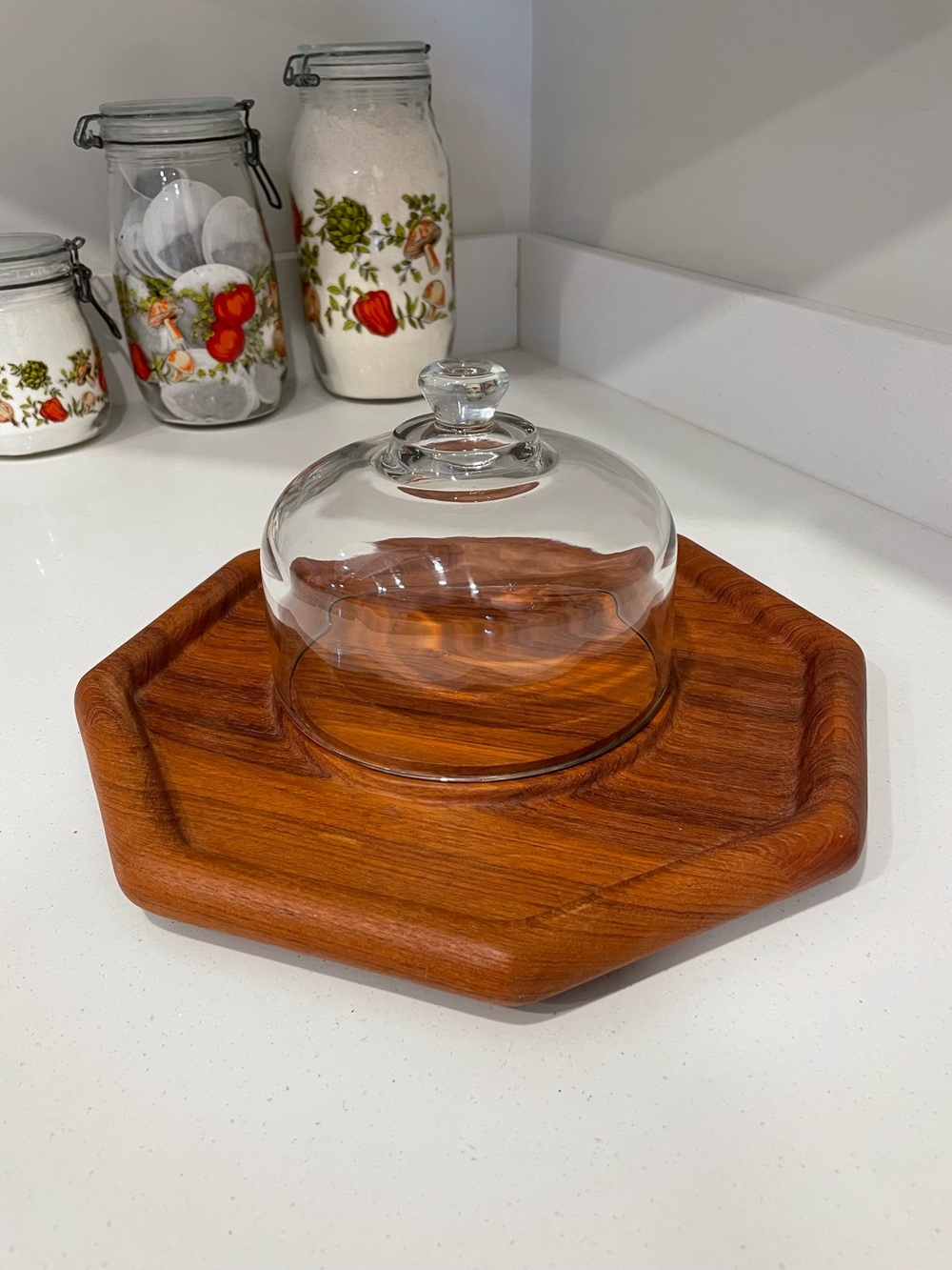 Vintage MCM Goodwood Teak Wood Cheese Board with Glass Cloche, 12”
